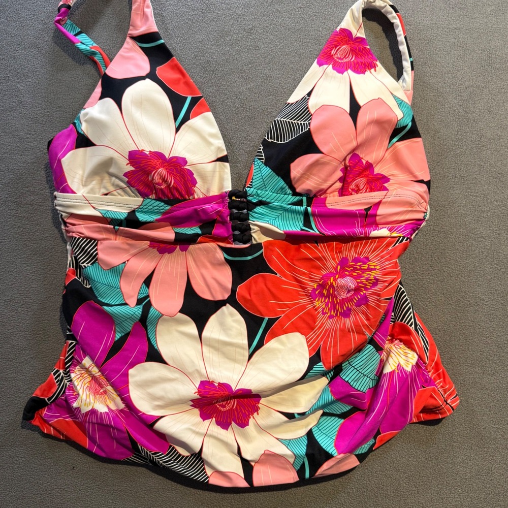 La Blanca Women Floral Macrame V-Neck Tankini Swim Top Multicolor Size 12 NWT